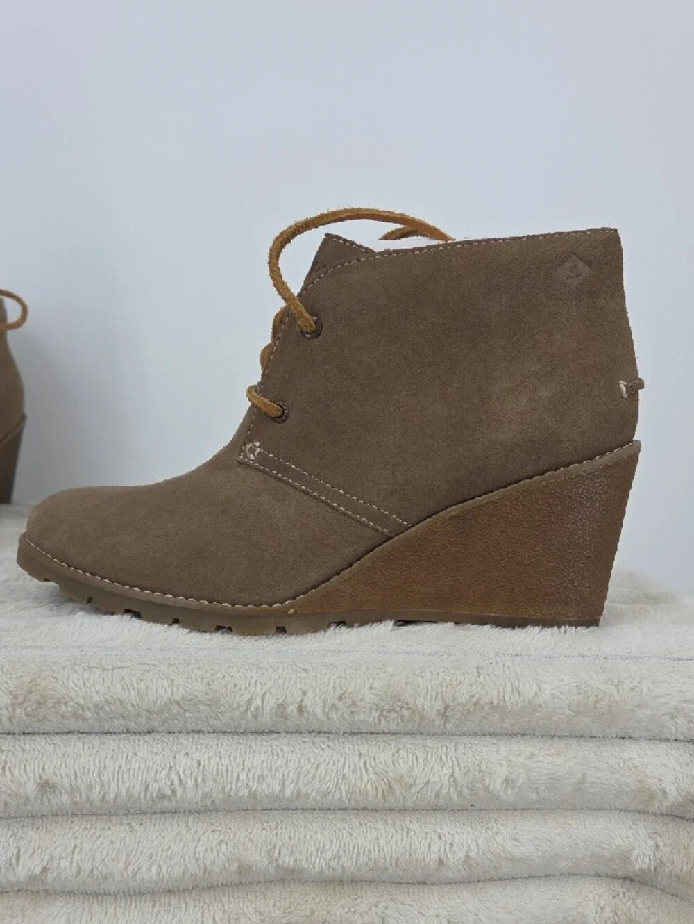 Sperry Brown Taupe Suede Wedge Lace-Up Ankle Boots